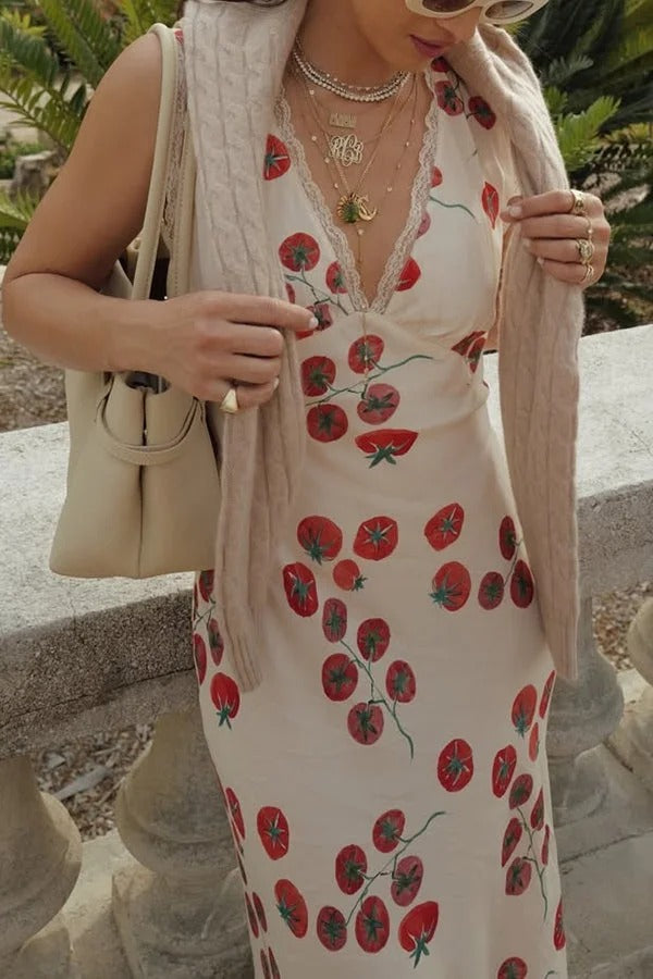 Vintage Inspired Tomato Print Lace Trim Open Back Tie-up Maxi Dress