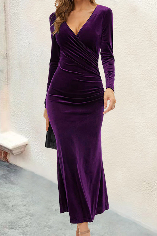 Velvet V-neck pleated hip skirt elegant fishtail slim dress evening dress Purple