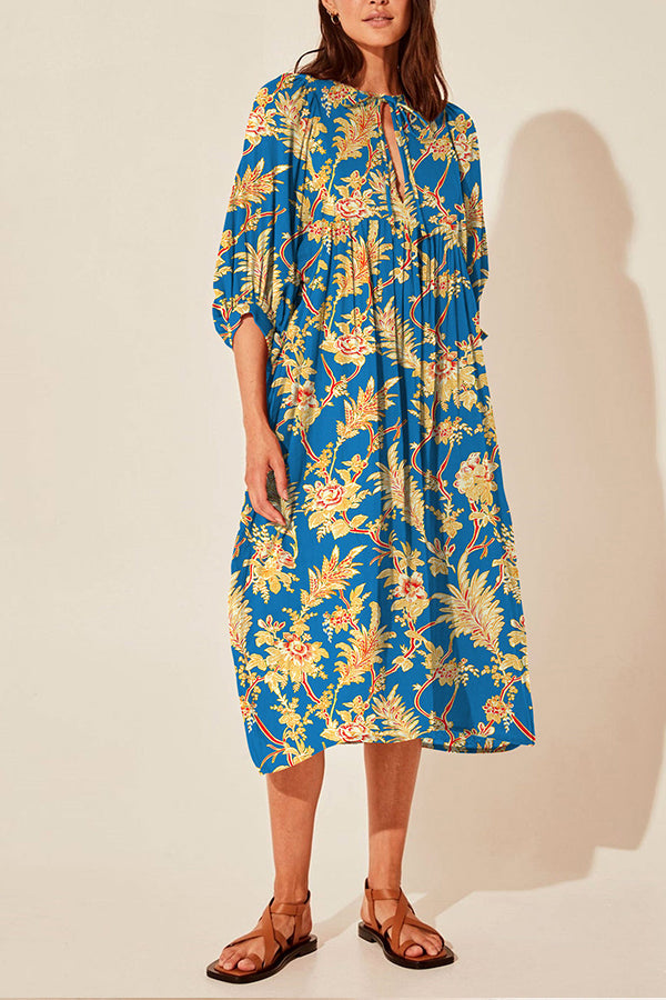 Lantern sleeve V-neck tie floral dress 4