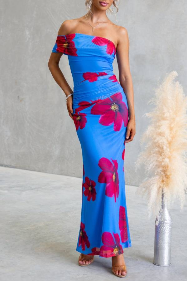 One-Shoulder Printed Mesh Bodycon Mermaid Maxi Dress