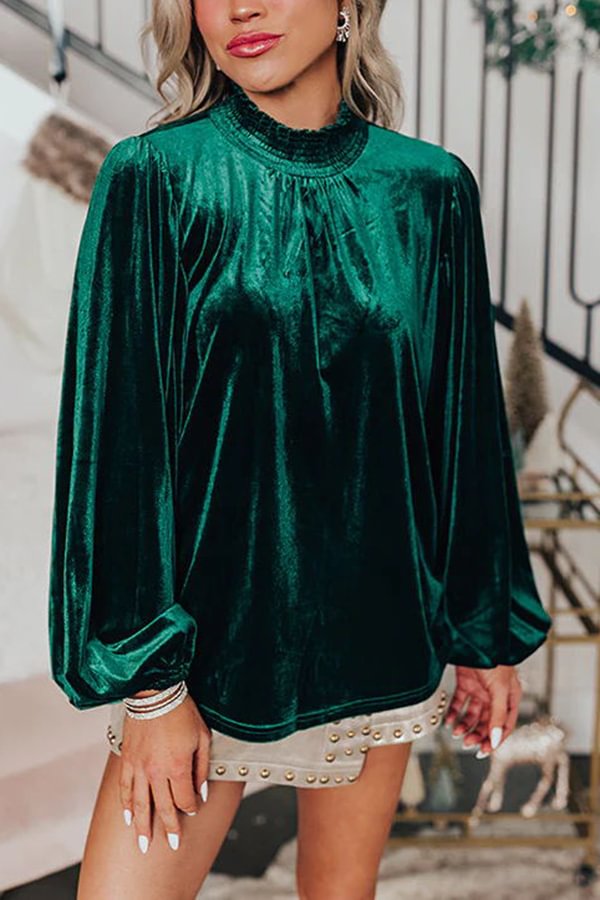 Make Your Entrance Velvet Smocked Neck Lose Sleeve Top Green