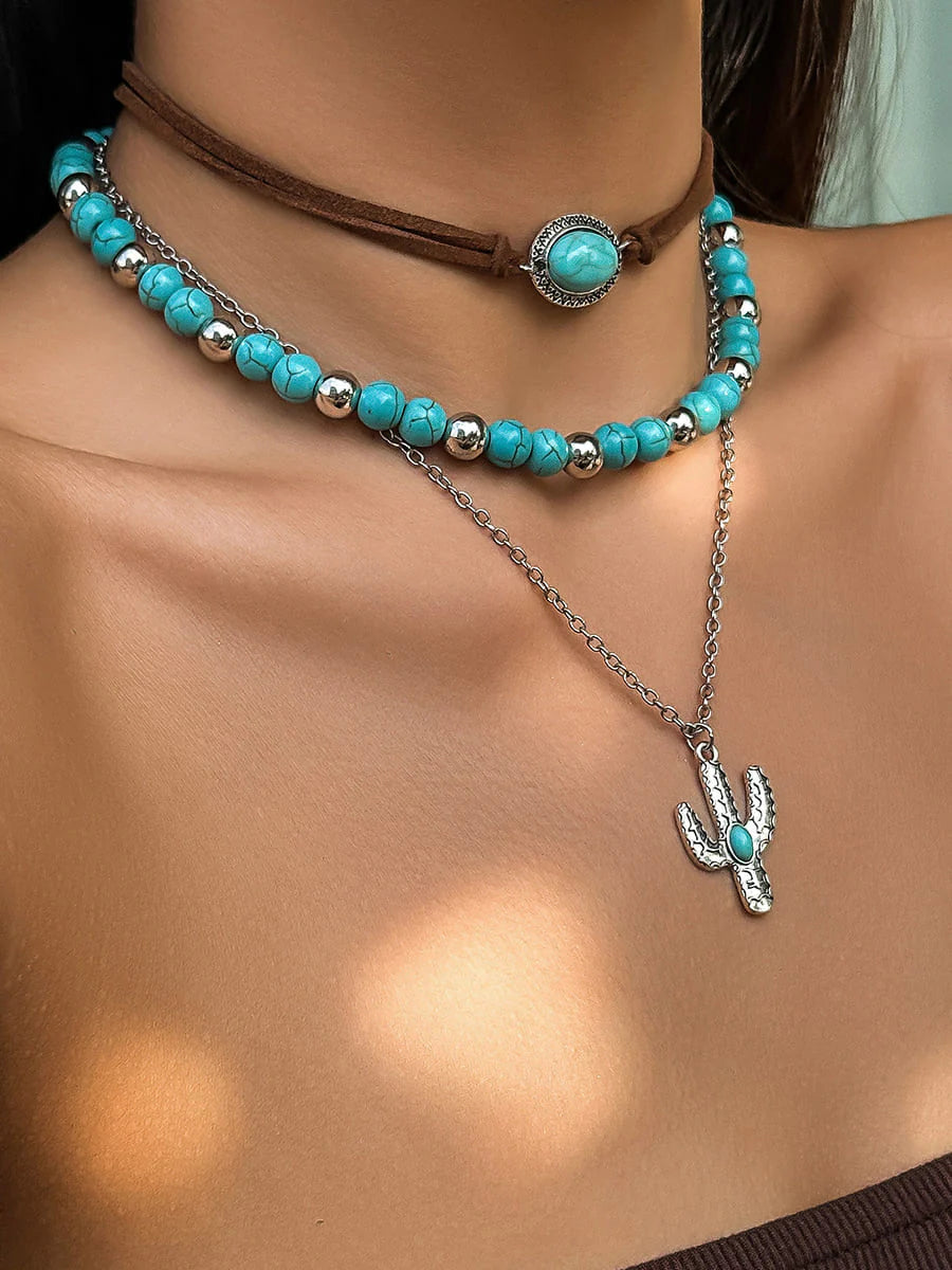 Turquoise Cactus Collar Necklace 3pcs one size
