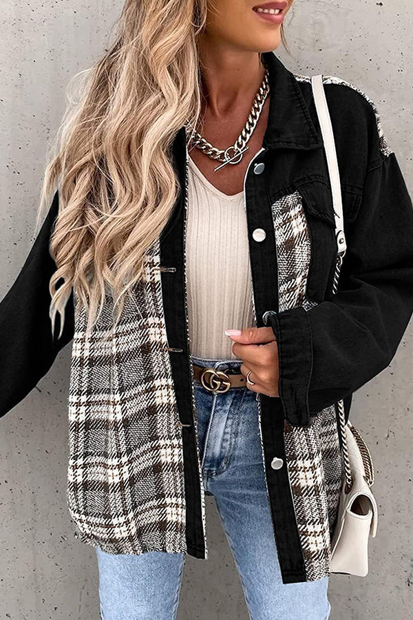 Denim Jacket Long Sleeve Check Button Down Shirt Jacket Top Black