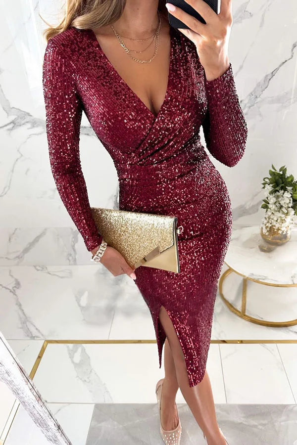 Main Character Sequin Long Sleeve Side Slit Midi Dress Wine Red