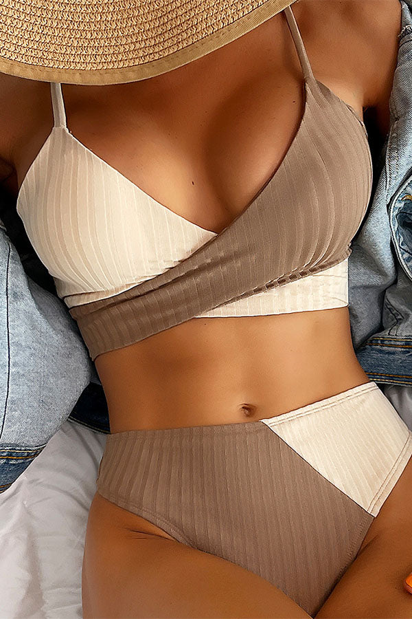 Color Block Thick Pit Strip Cross Strap High Waist Bikini Grey