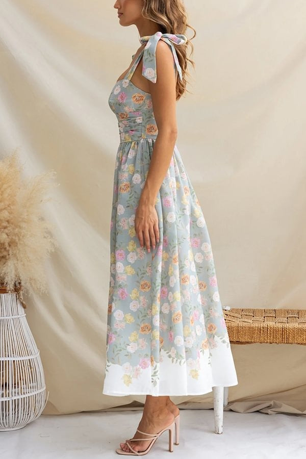 Elegant Floral Print Suspenders Slim Maxi Dress