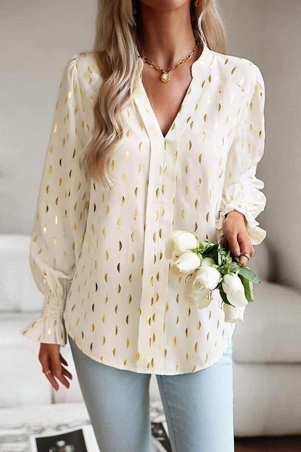 Printed V Neck Pullover Long Sleeved Shirt Apricot