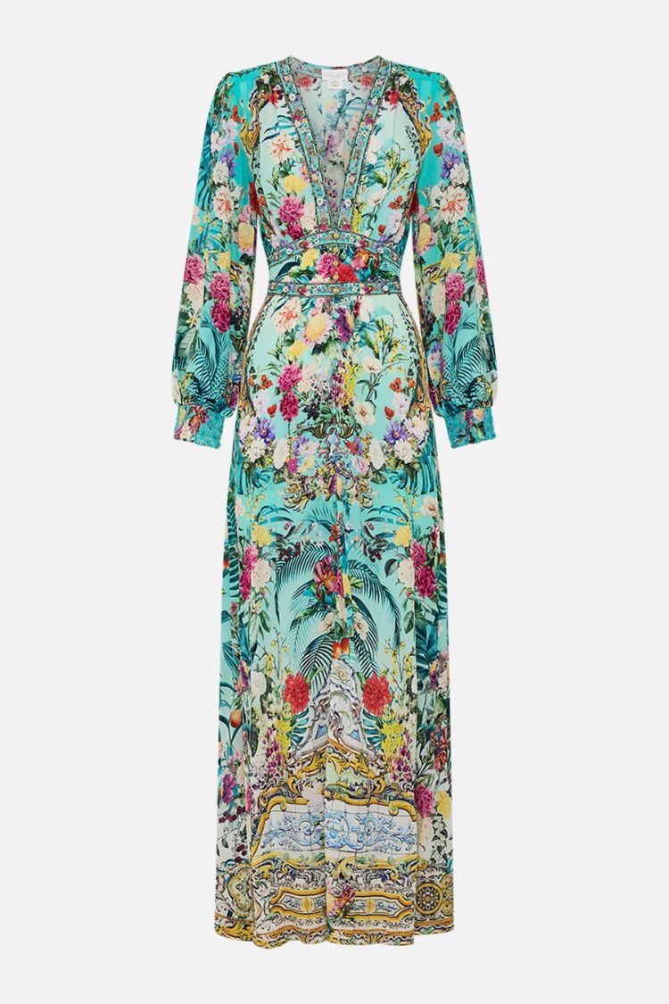 Printed V-neck Long-sleeved Puff Sleeve Waist Maxi Dress