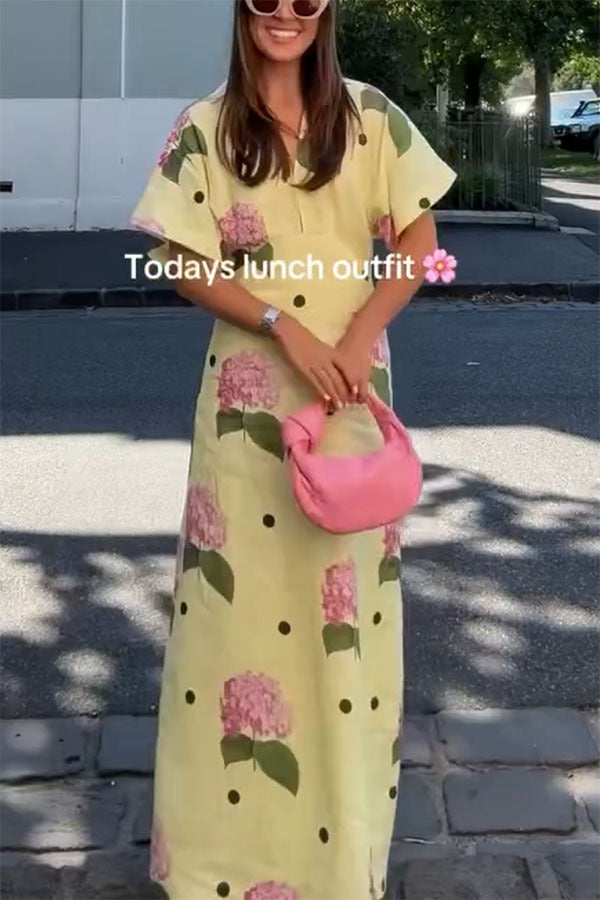 Jasmine Linen Blend Floral Polka Dot Wide Sleeve Shirt Maxi Dress Yellow