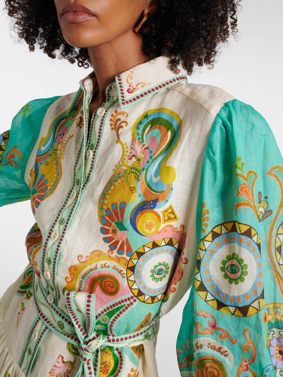 Einzigartiges, exquisites Midikleid mit modischem Print und Puffärmeln zum Binden