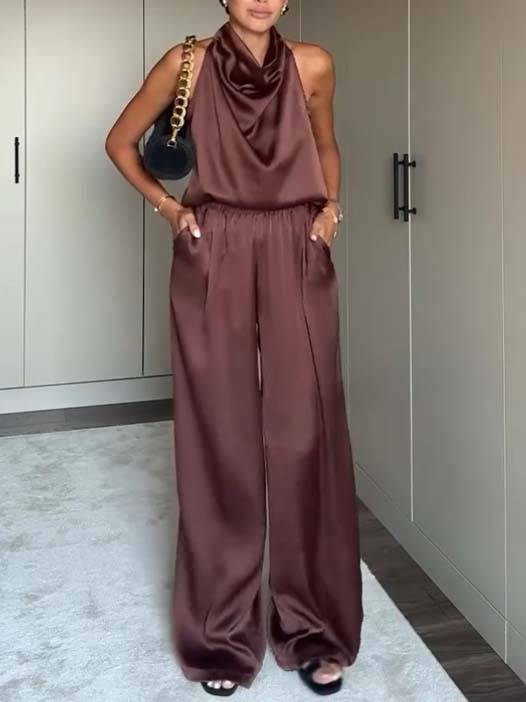 Elegant Halter Neck Swing Collar Top And Wide Leg Pants Suit-Top