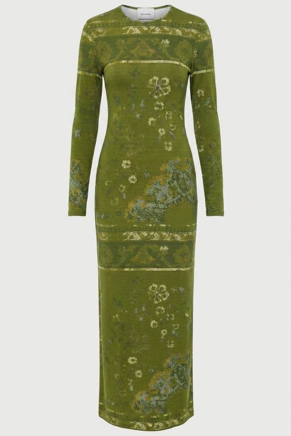 Vintage Botanical Floral Print Long‑Sleeve Fitted Knit Midi Dress