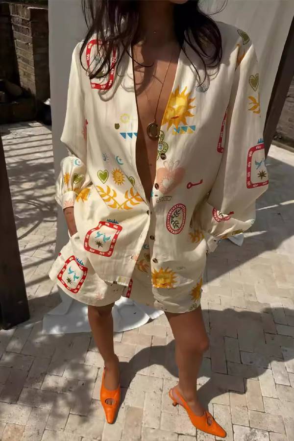Retro Sun & Heart Print Long‑Sleeve Shirt & Shorts Two‑Piece Set