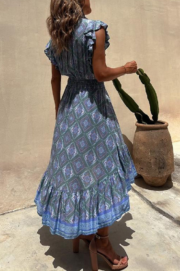 Libby Hippie Boho Printed Tie Front Ruffle Sleeve Smocked Waist Midi Dress