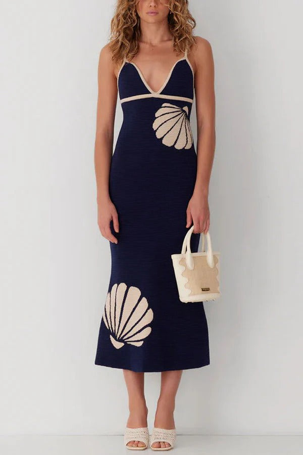 Mermaid Princess Knit Shell Pattern Fishtail Hem Halter Stretch Midi Dress Black