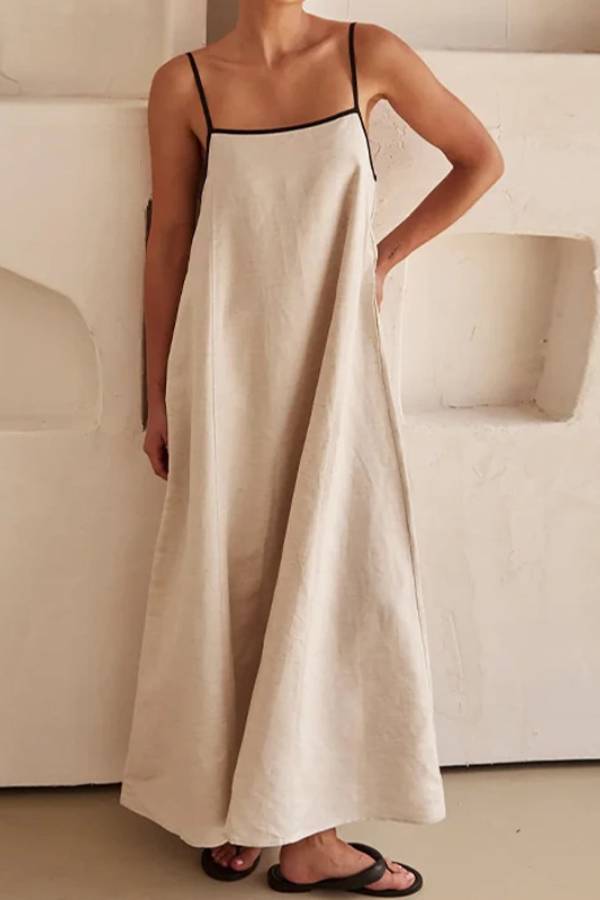 Linen Midi Dress with Spaghetti Straps