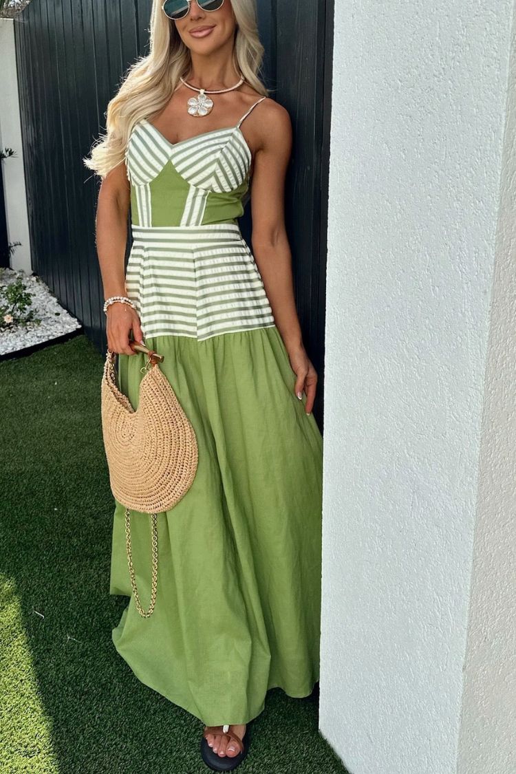 Dove Linen Blend Striped Contrast Back Smocked Slip Maxi Dress Green