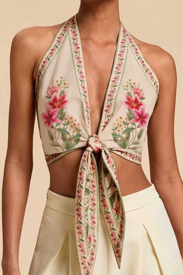 Vintage Floral Halter Tie Backless Crop Cami Top