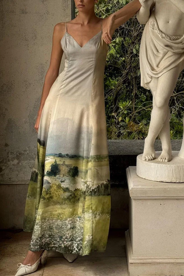 Elegant Printed Strap Dress Green