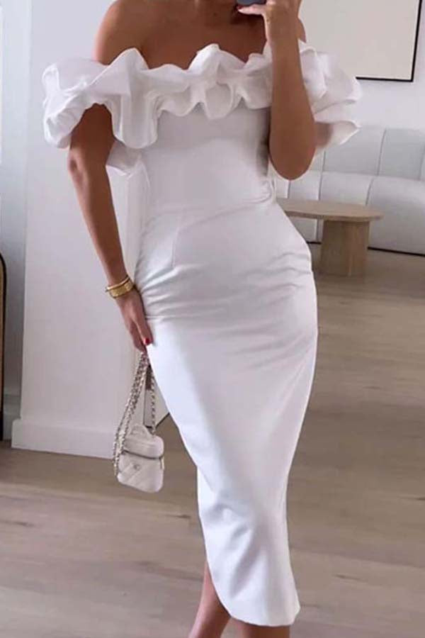 FASHION SOLID COLOR OFF THE SHOULDER DRESS White