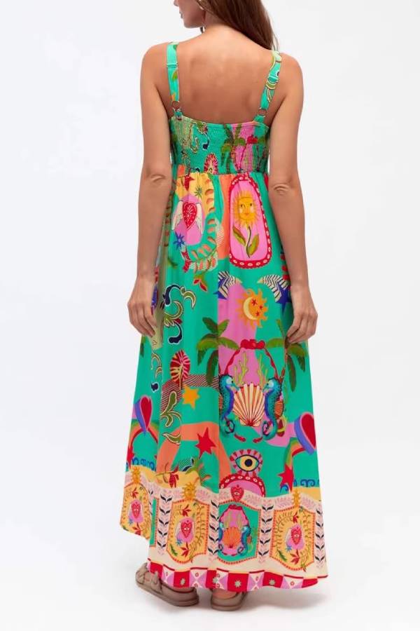 Tropical Graffiti Print Square-Neck Maxi Dress