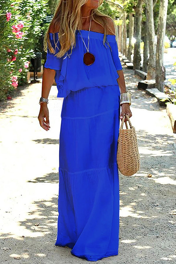Casual Off Shoulder Solid Beach Maxi Dress Blue