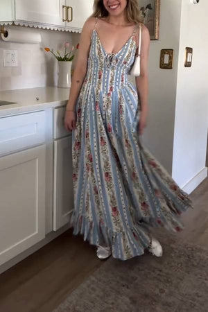 Vintage Floral Stripe Print Lace-Up Waist Maxi Dress