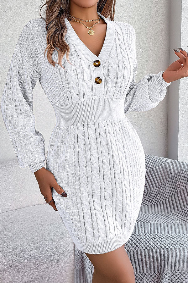 Buttoned V-neck twist lantern sleeves hip-hugging sweater dress White
