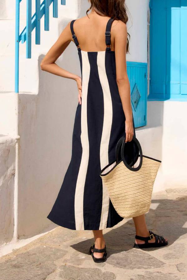 Color Block Striped Linen Blend Slip Maxi Dress
