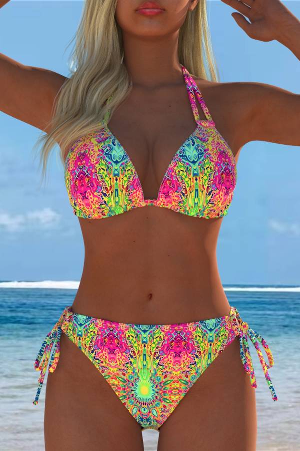 Trippy Print Halter Tie Two-Piece Bikini Swimsuit