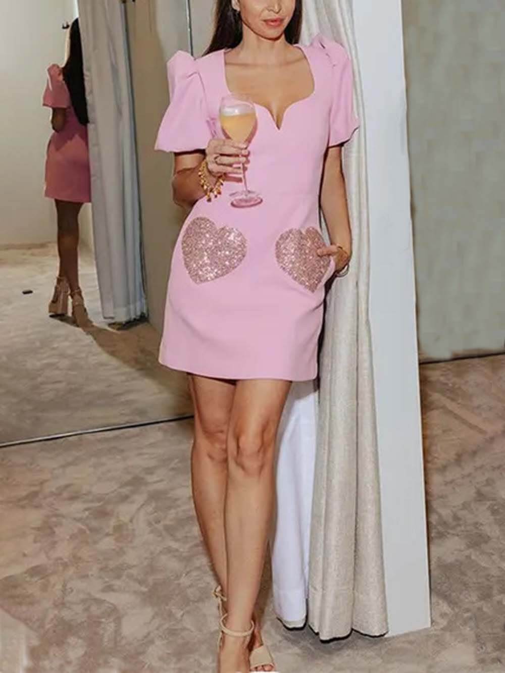 Robe de soirée élégante et douce à manches bouffantes et paillettes