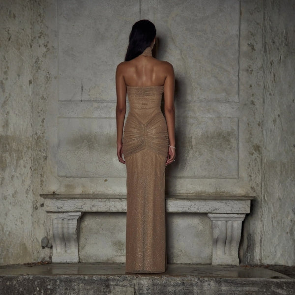 The Monaco Luminescence Evening Draped Maxi Strapless Dress