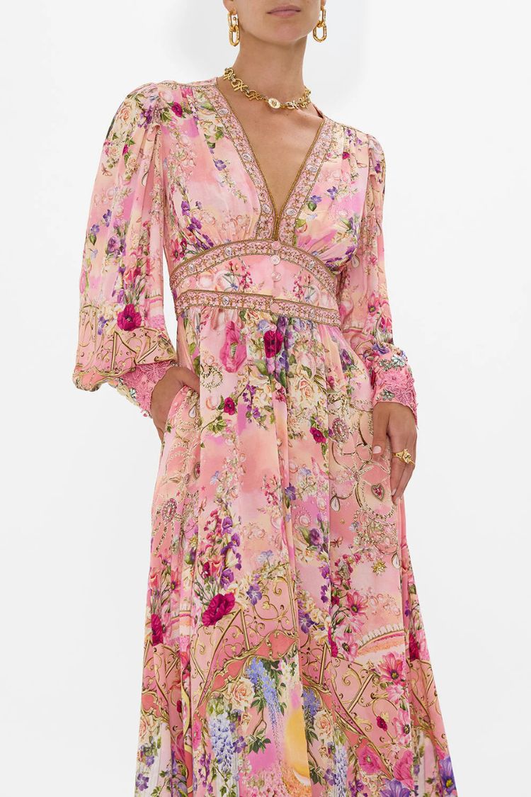 Printed V-neck Long-sleeved Puff Sleeve Waist Maxi Dress