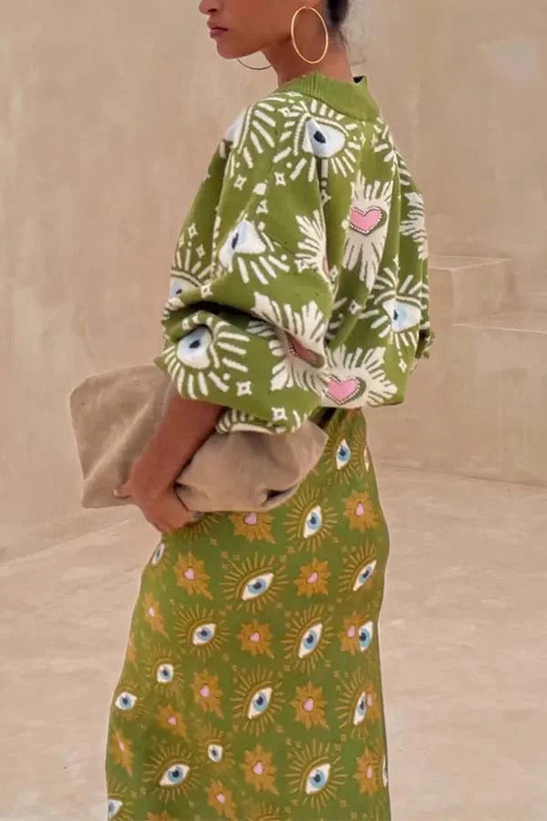 Mysterious Magic Knit Eye Heart Pattern Button Up Long Sleeve Loose Cardigan