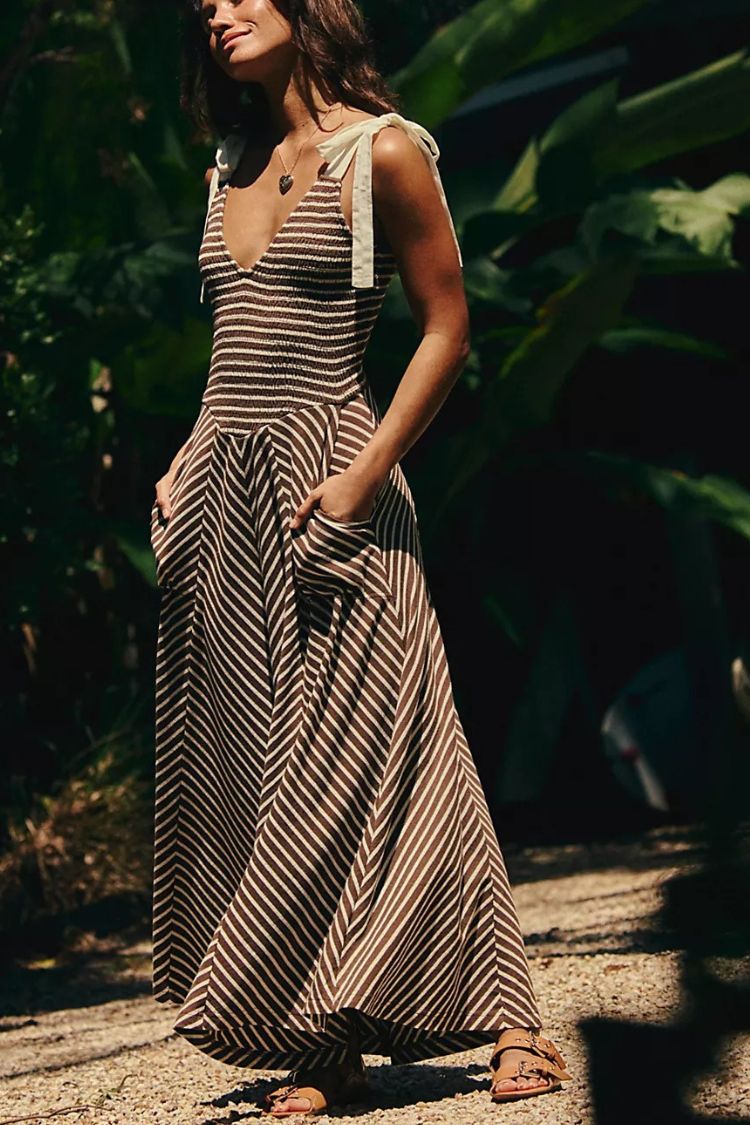 Linen Blend Solid Color V-neck Short Sleeve Waist Loose Slit Midi Dress Dark Grey