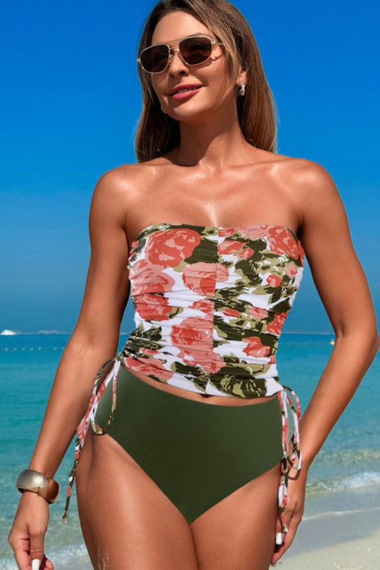 Bandeau Side Drawstring Swimsuit Set Green