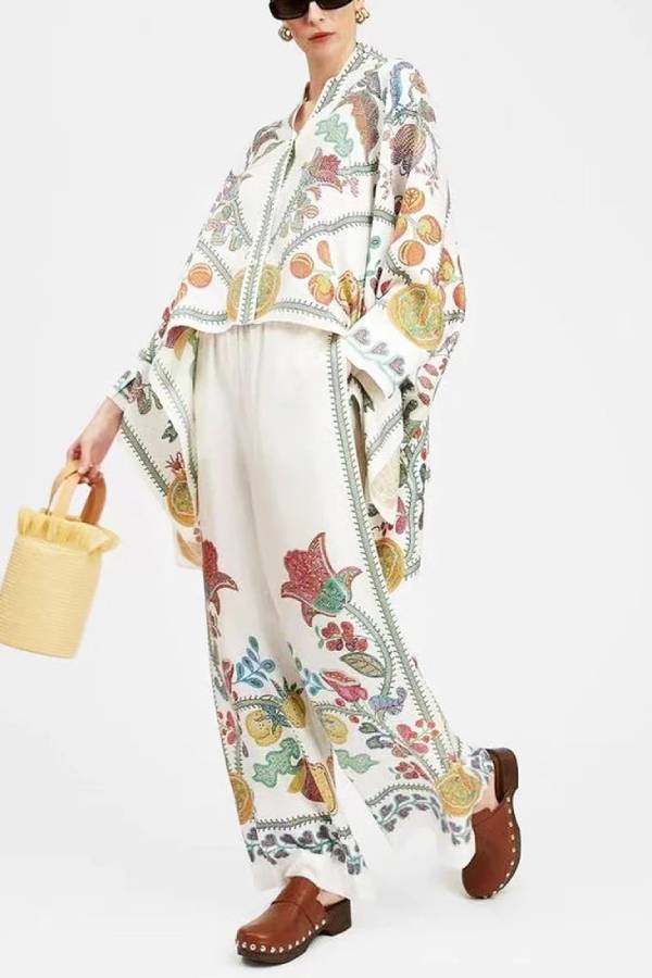 Fine Satin Floral Print Batwing Sleeve Pants Set - White White One Size