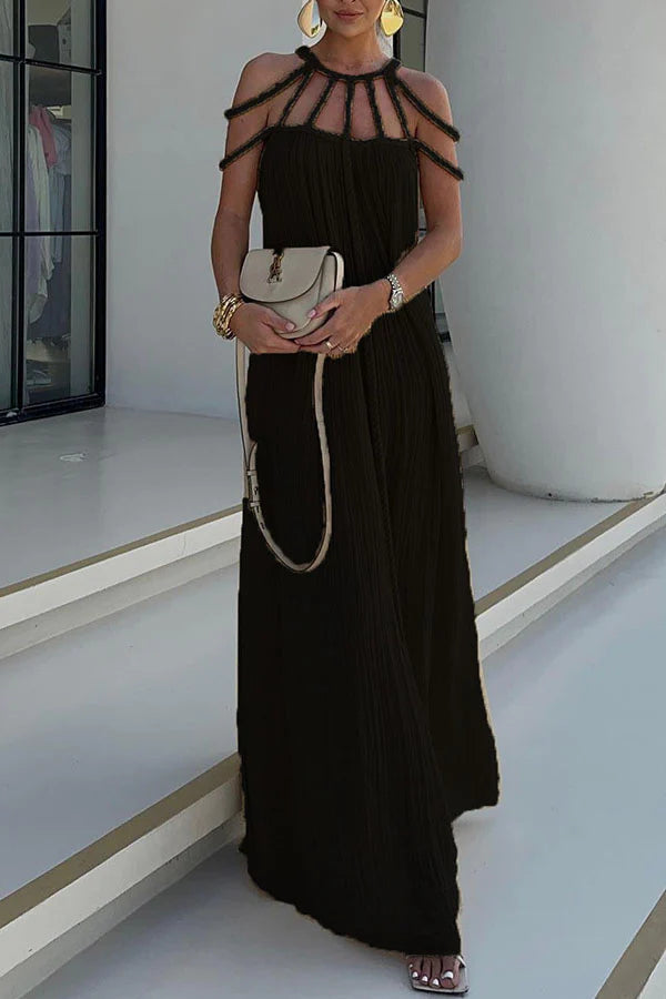 Modern and Sophisticated Linen Blend Draped Braids Cover Up Maxi Dress Black