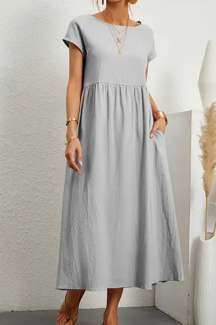Cotton Linen Solid Short Sleeve Midi Dress Grey