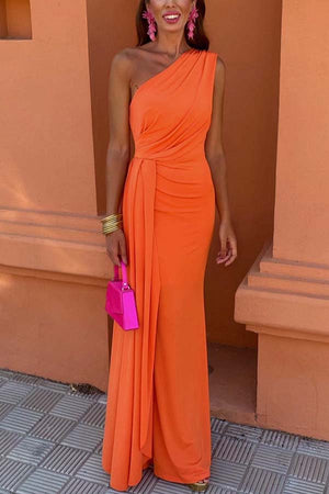Capita Ruched One Shoulder Sleeveless Dress Orange