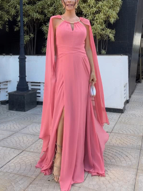 Elegant Cape Sleeve Slit Long Party Maxi Dress