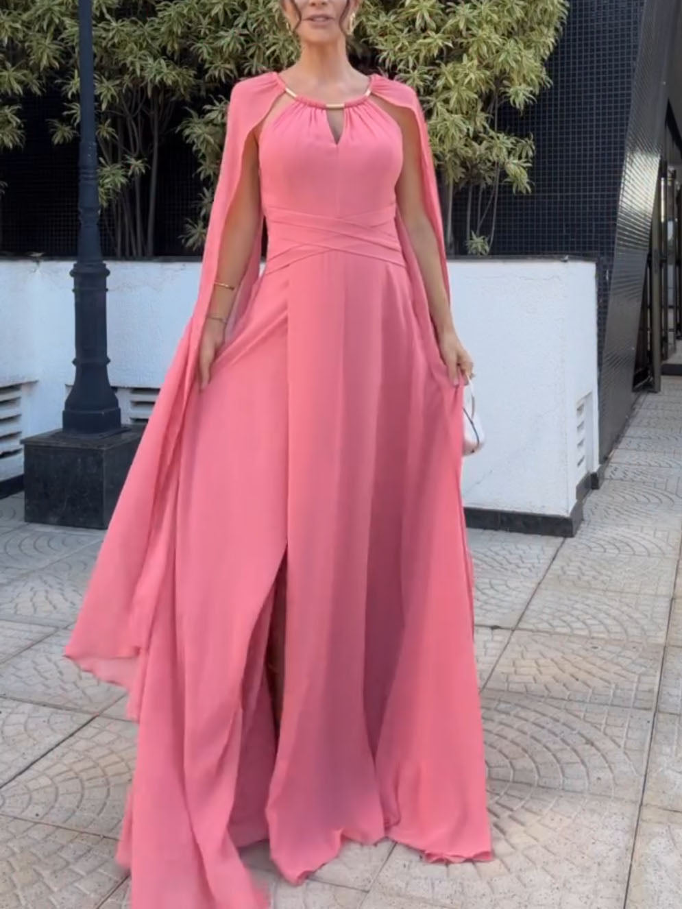 Elegant Cape Sleeve Slit Long Party Maxi Dress