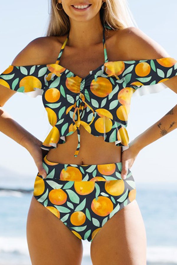 Printed Ruffled Drawstring Off-shoulder Bikini Orange