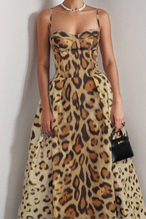 Vintage Leopard Corset Spaghetti Strap Full-Length Ball Gown