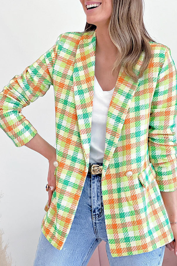 Long sleeve pocket printed double breasted casual jacket yellow green
