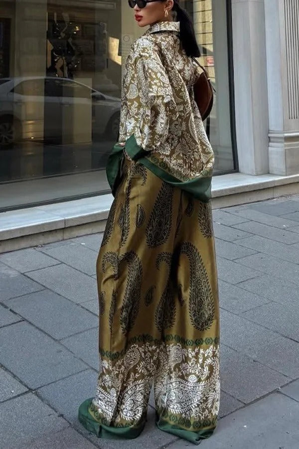 Naya Satin Contrast Color Paisley Long Sleeve Shirt and Elastic Waist Pocketed Pants Set