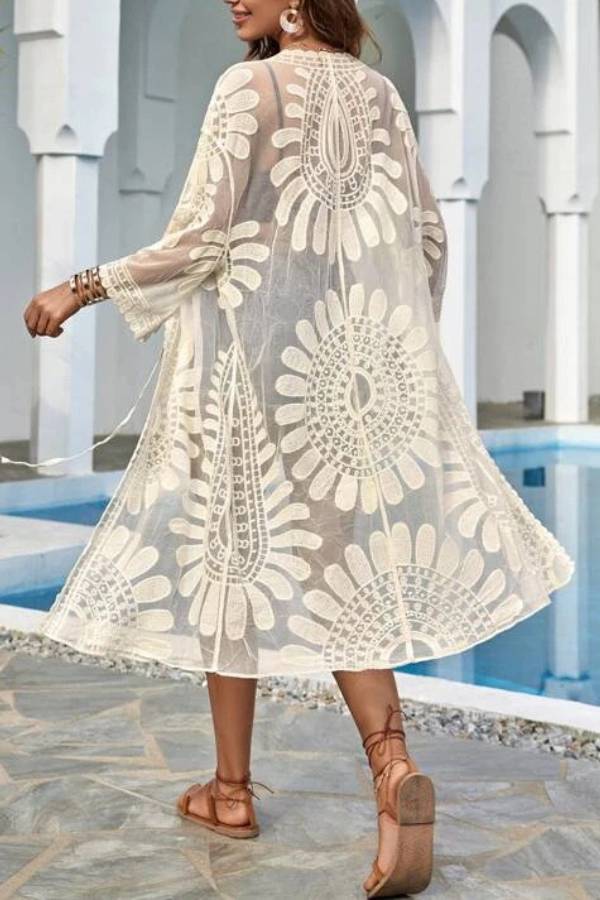 Multi-Color Sunflower Lace Sheer Beach Kimono Cardigan