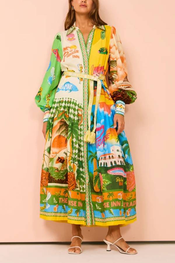A World of Colour Unique Print Balloon Sleeve Belt Shirt Midi Dress