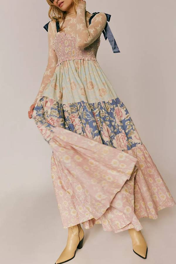 Retro print bow-strap long dress