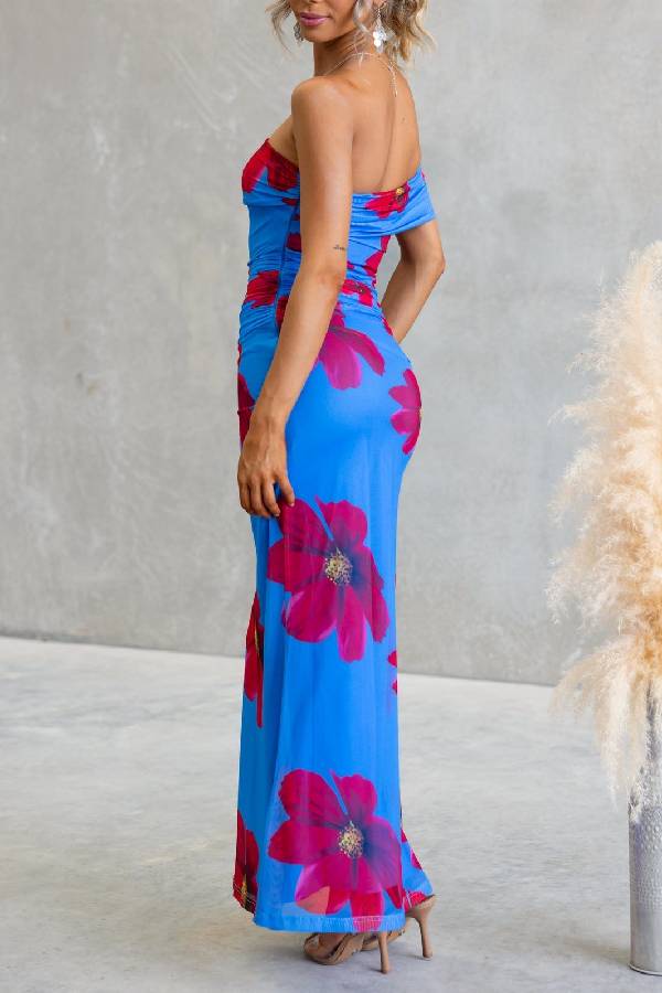One-Shoulder Printed Mesh Bodycon Mermaid Maxi Dress